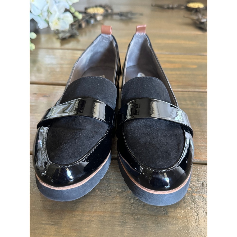 Dr. Scholls Y2K Faux Patent Loafers Women Sz 9 Black Dark Academia Chunky Wedge